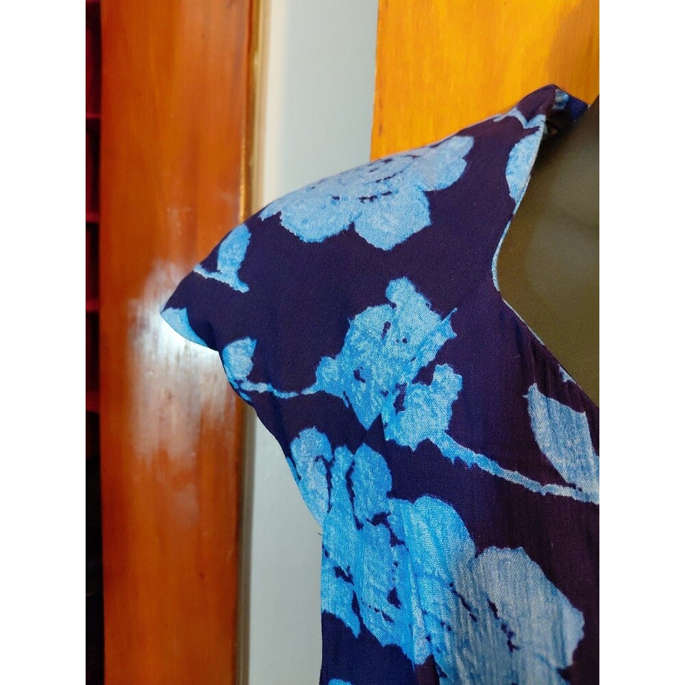 Vintage RJ Co Sz 12 Blue Floral Cap Sleeve Button Down Shoulder Pads Maxi Dress - Picture 3 of 16
